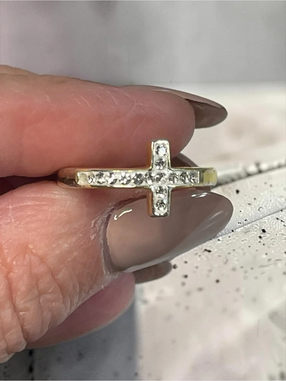 Delicate Sideways Pave Rhinestone Cross Gold Tone Band Ring Size 7.75